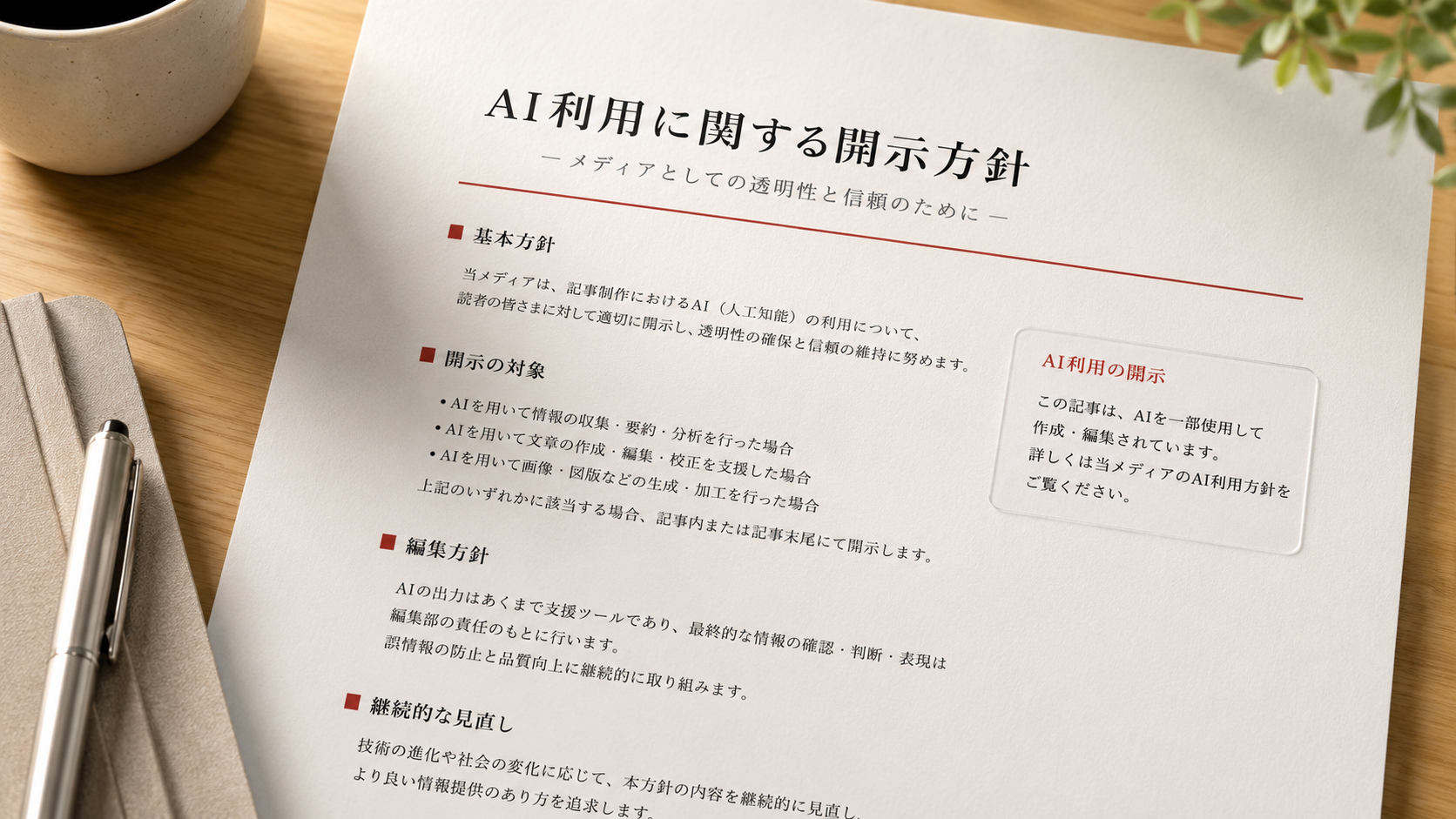 ＡＩ利用表示のラベルが置かれた紙