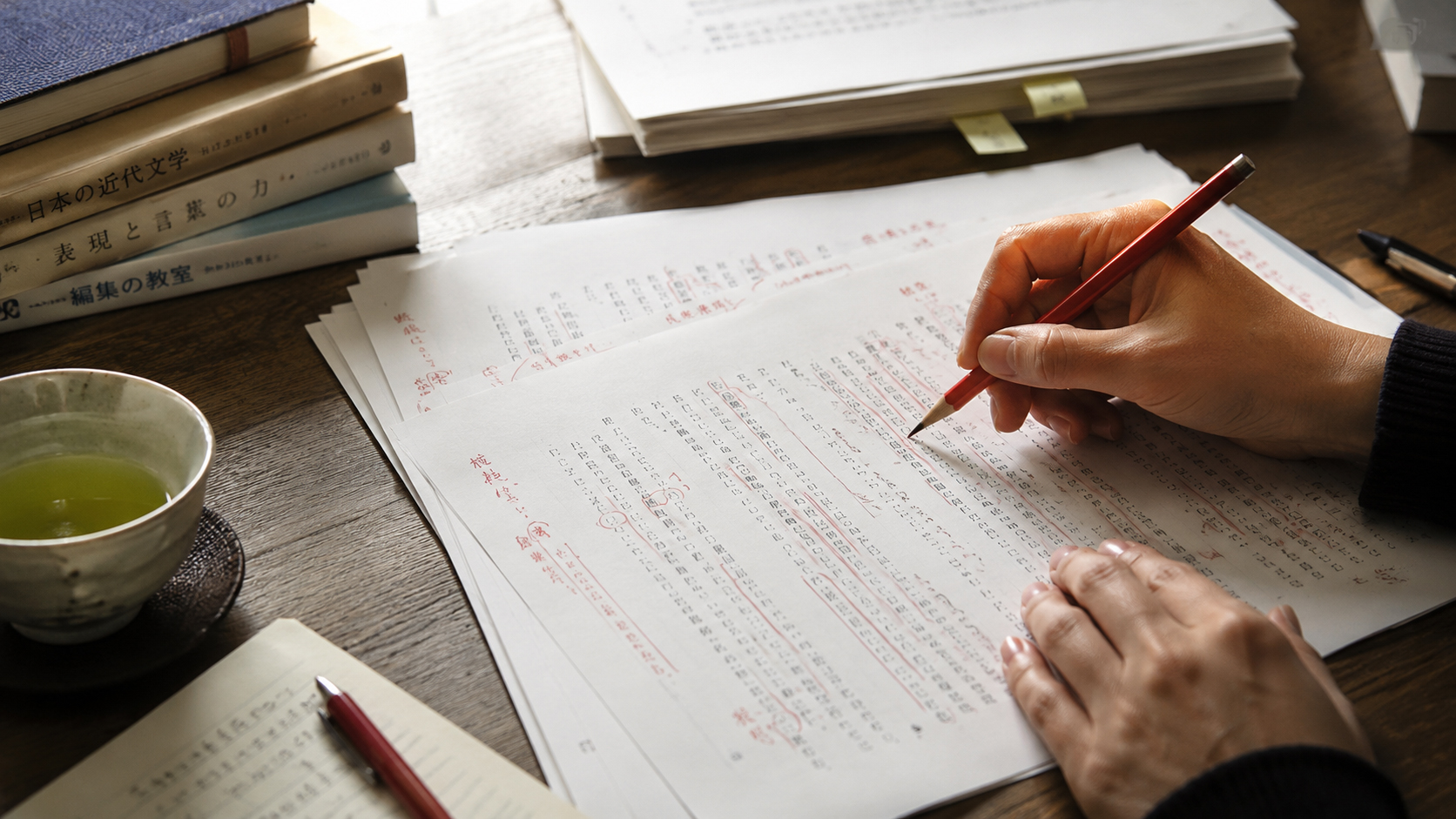 人間の手が原稿を最終確認している様子