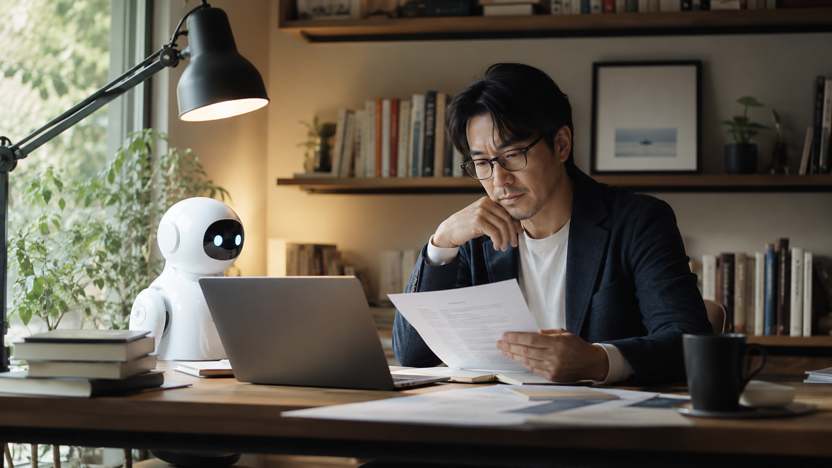 人間の編集者とAI助手を象徴する編集机