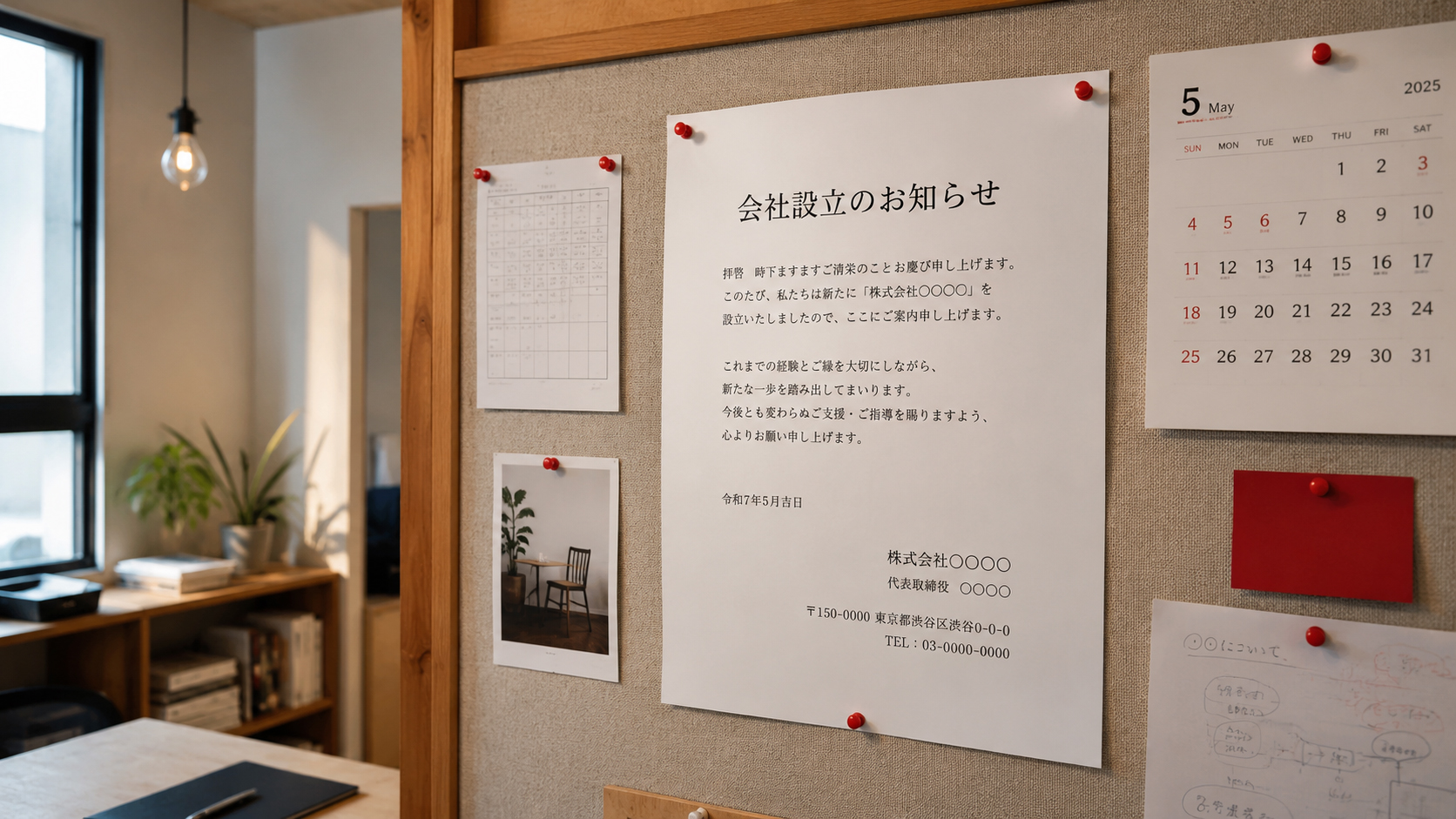 小さな会社の掲示板に置かれた発表文