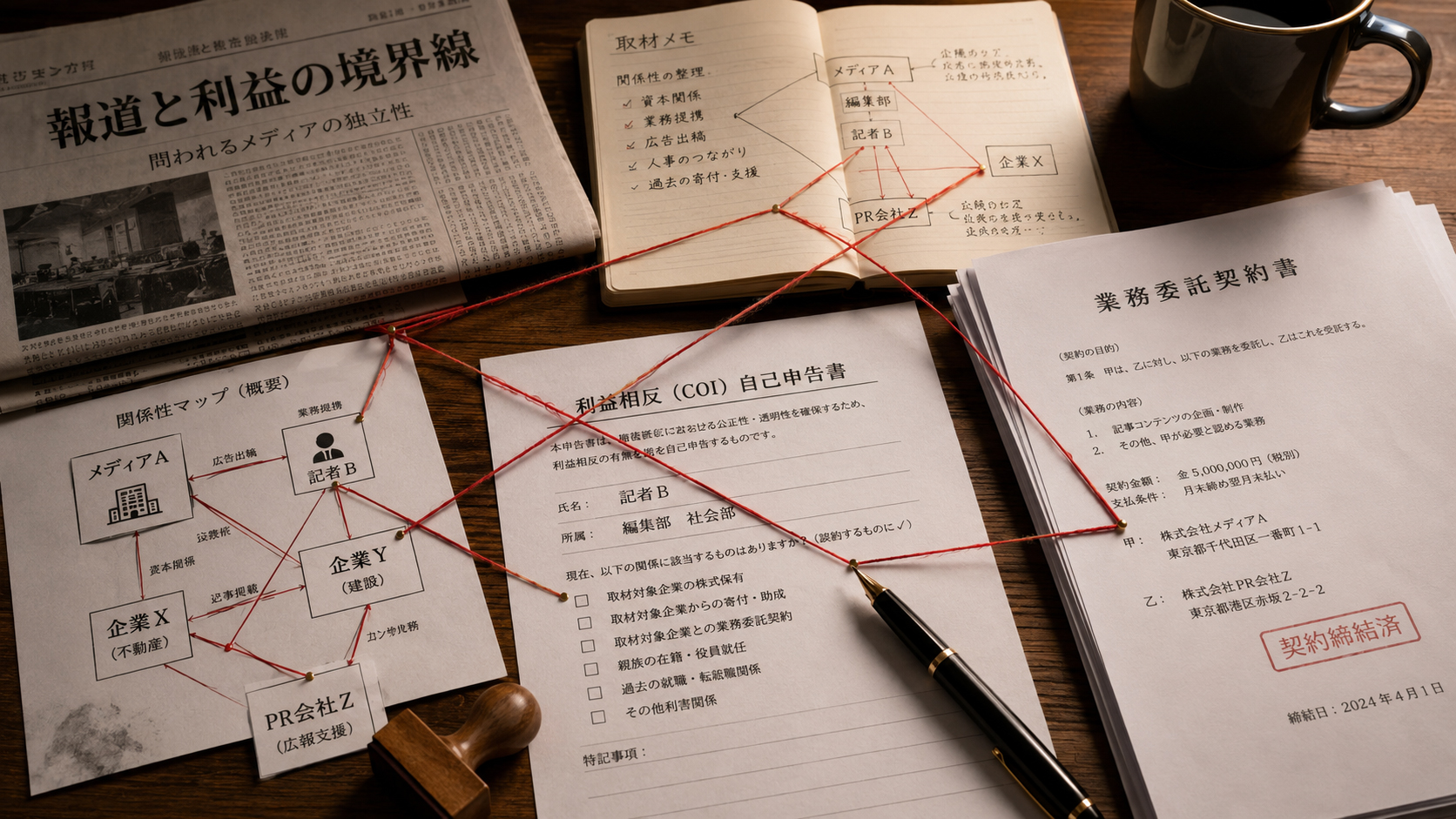 交差する線と契約書が置かれた机