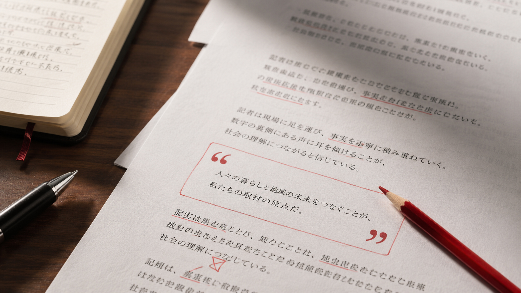 引用符と赤鉛筆が置かれた原稿