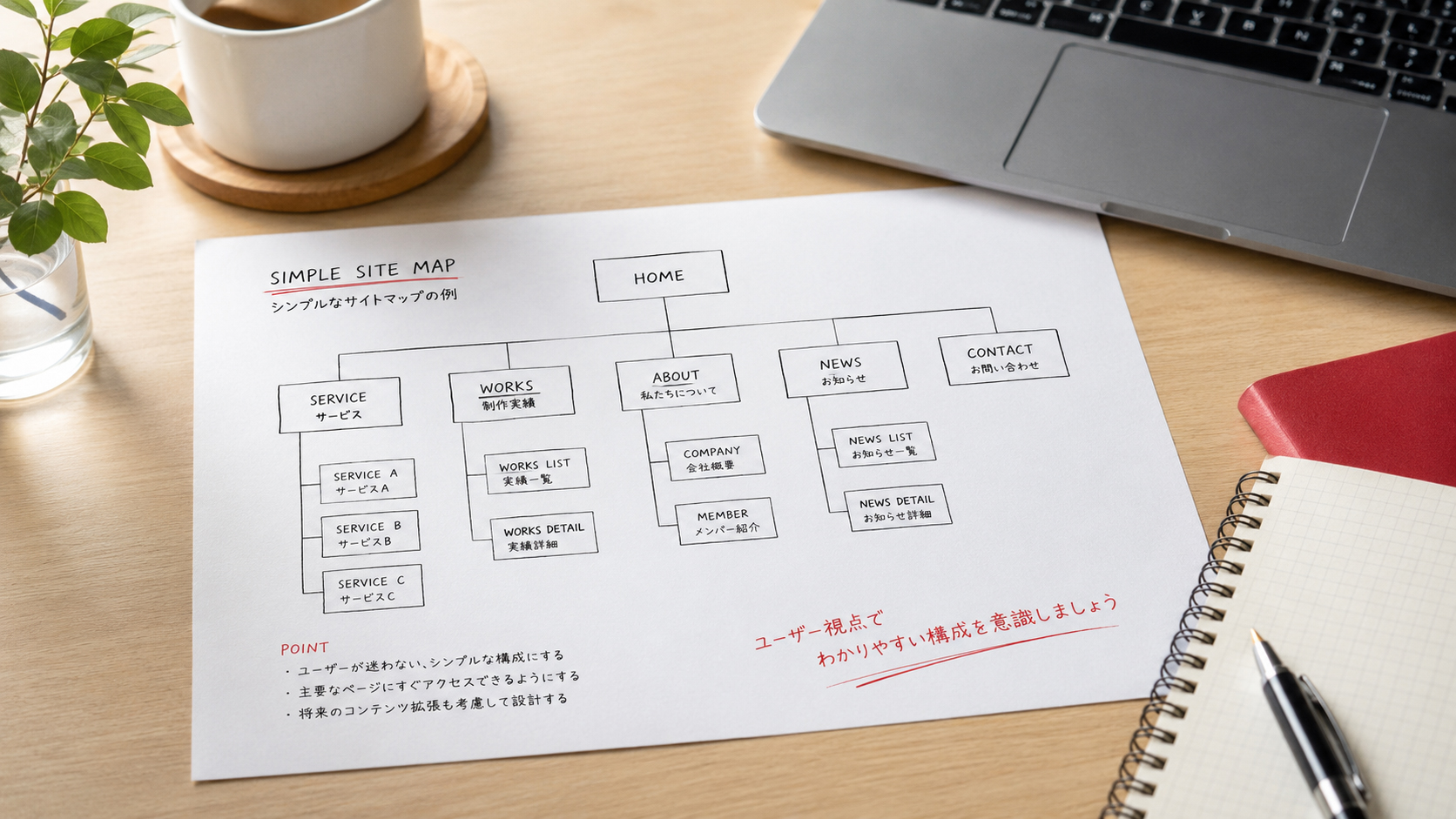 机の上に置かれた簡単なサイトマップ