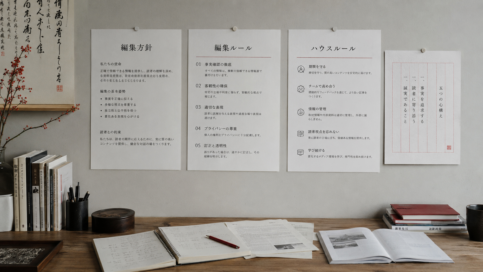 壁に掲げられた編集方針の紙
