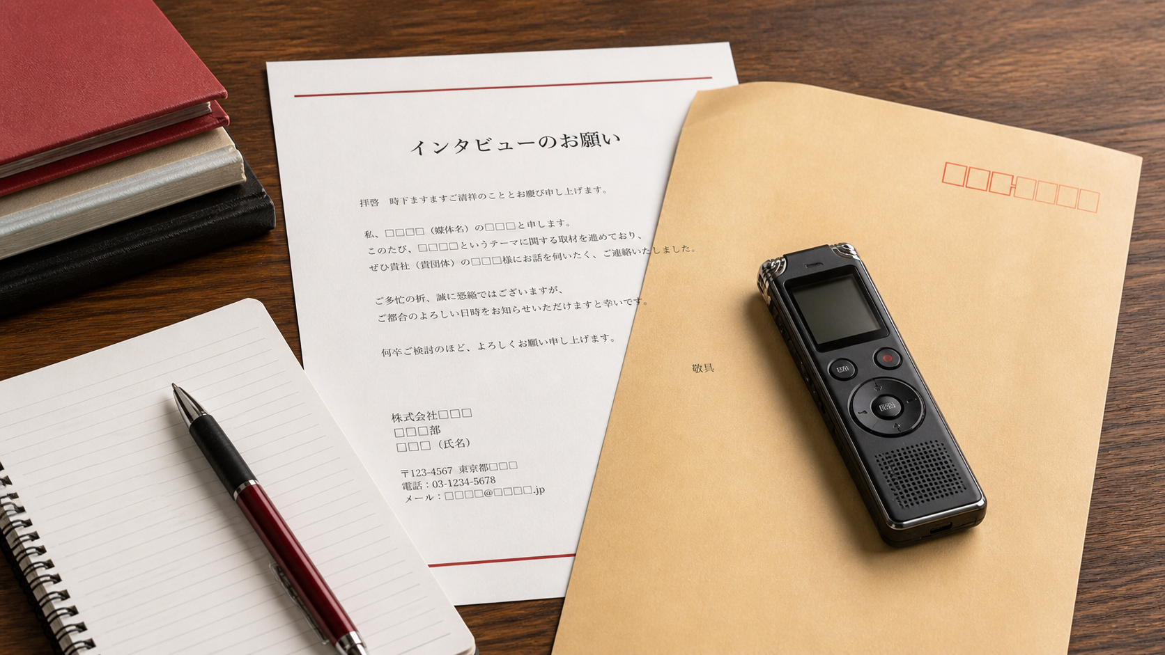 取材依頼の封筒と録音機