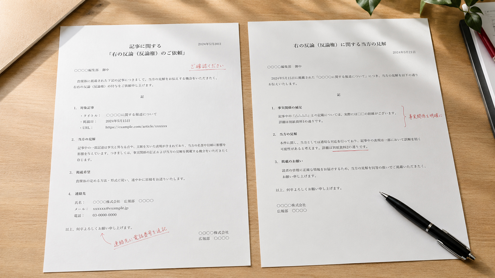 二つの文書が並ぶ反論機会依頼の机